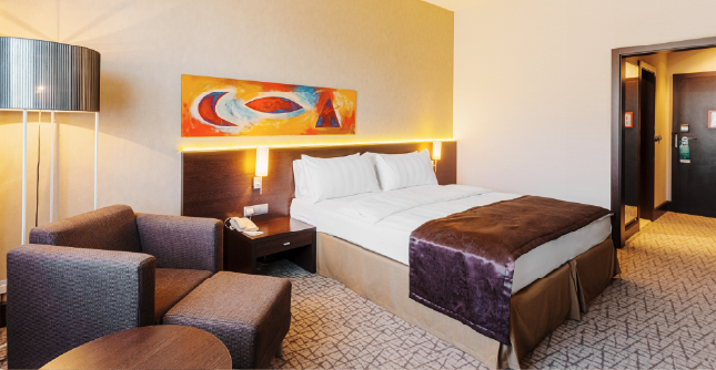 Double bed in the Standard Double Room at Holiday Inn Žilina.