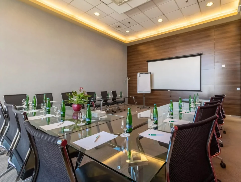 Omega meeting room in boardroom layout.