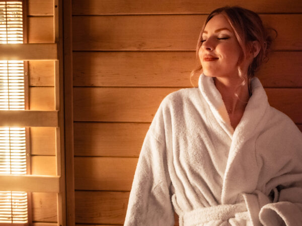 Woman relaxing in the sauna.