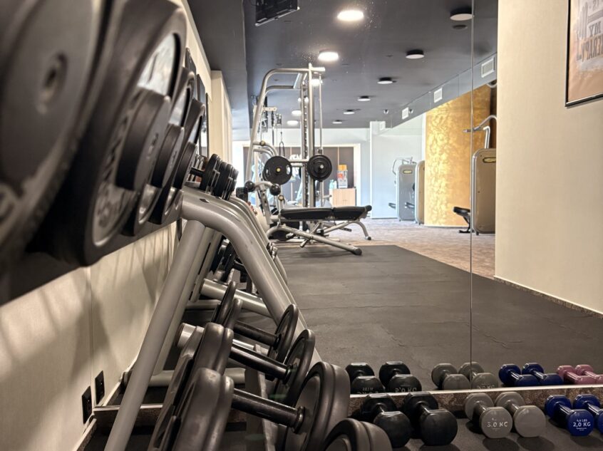 Strength equipment in the Never Give Up fitness centre.